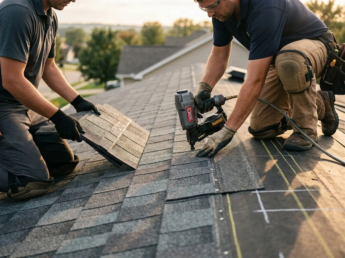 Professional roofer working on a residential roof in Lower Makefield